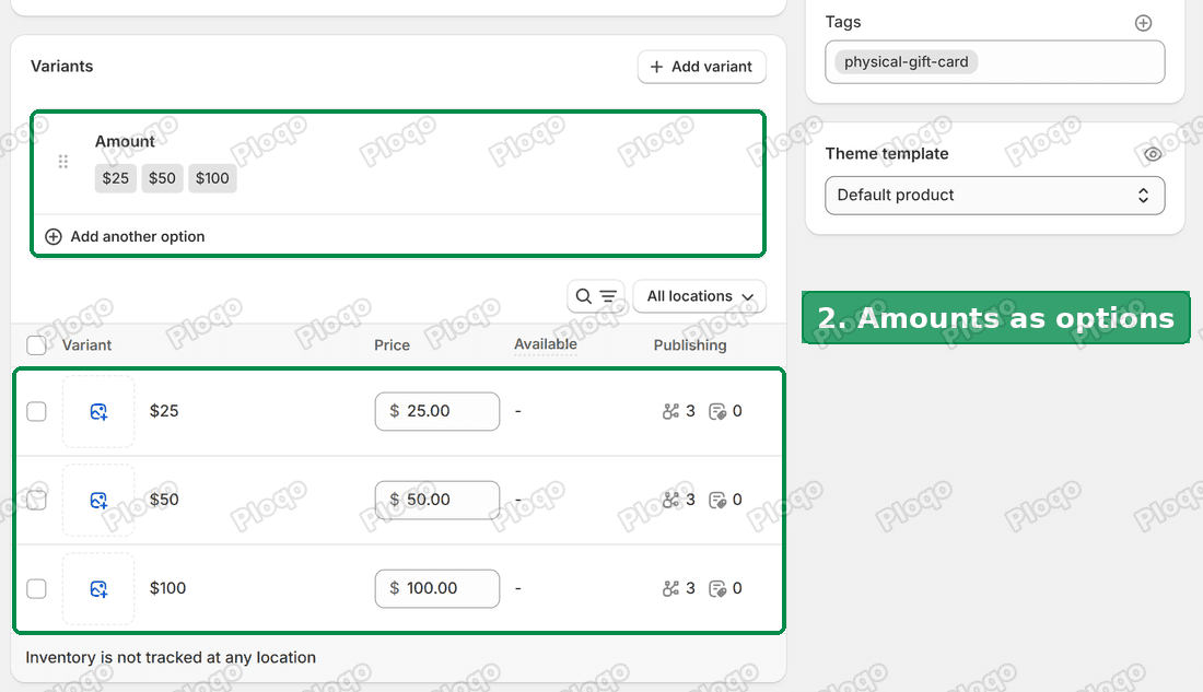 The Variants card with an Amount option of $25, $50 and $100, one variant per amount