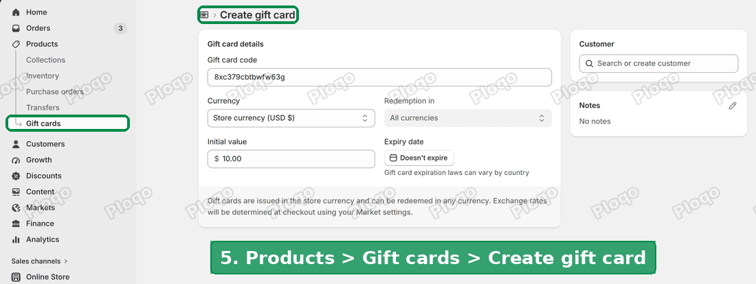 The Create gift card page, reached from Products, then Gift cards in the admin menu