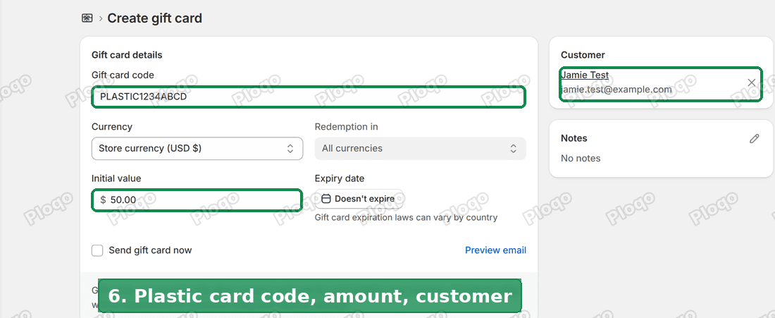 The Create gift card form with the plastic card's code, a $50 initial value and the order's customer selected