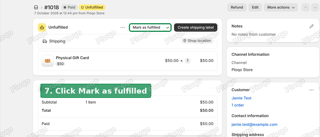 The paid order with the Mark as fulfilled button marked