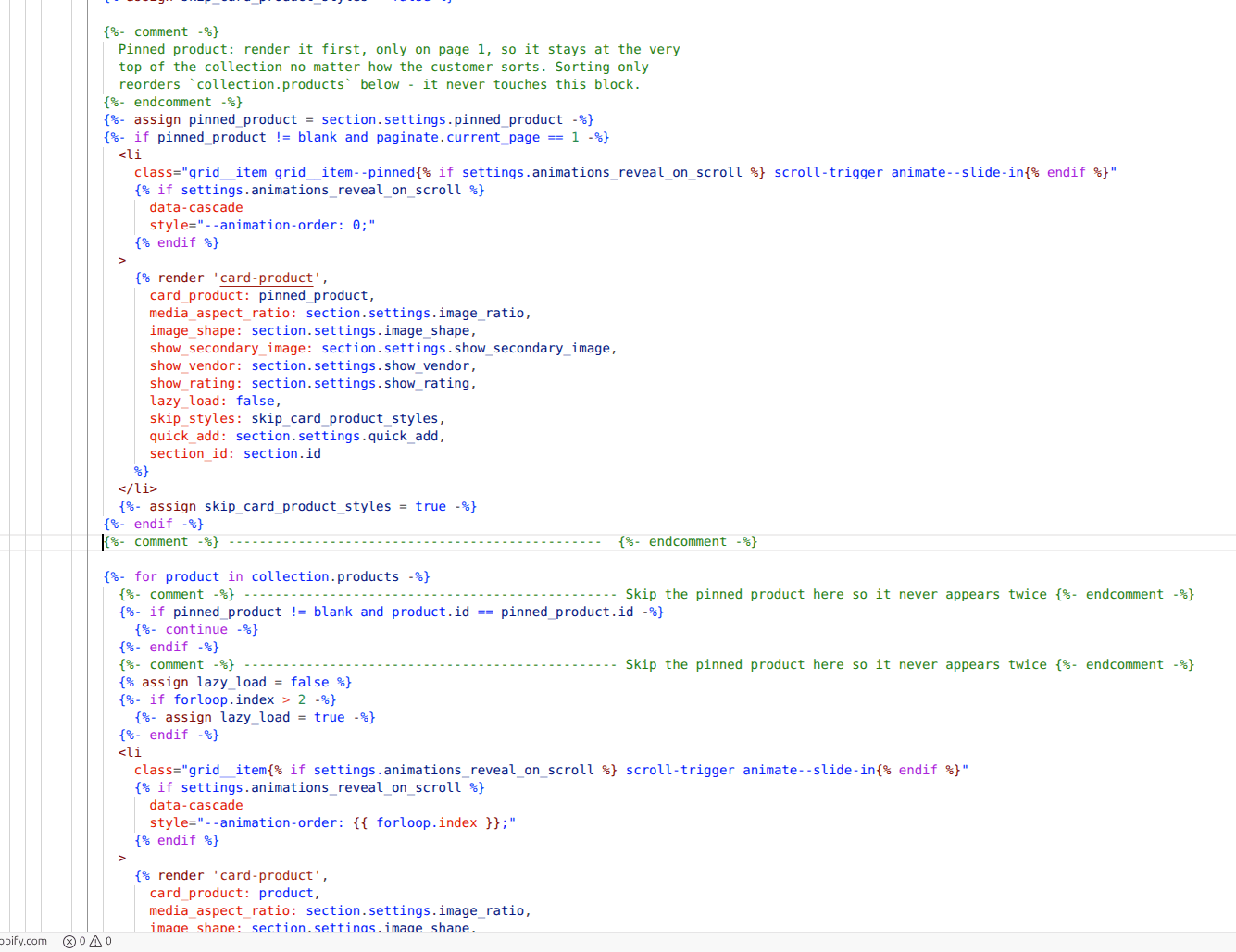 The pinned block rendered before the product loop