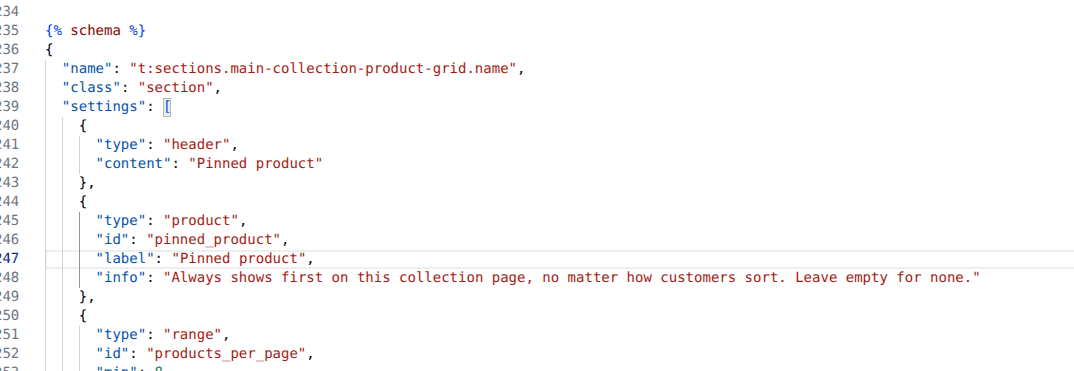The pinned product setting in the section schema