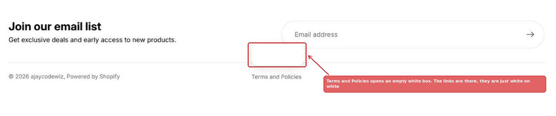 A footer policies link opening an empty white box