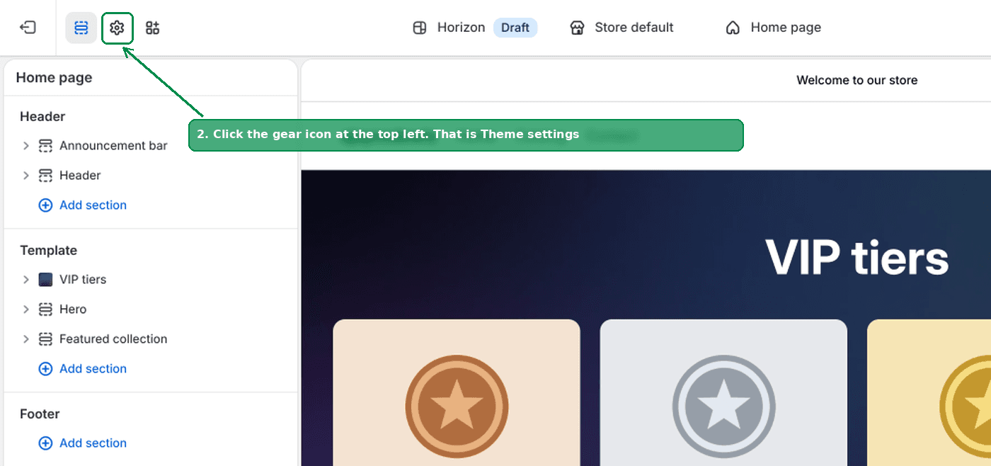 The gear icon at the top left of the theme editor