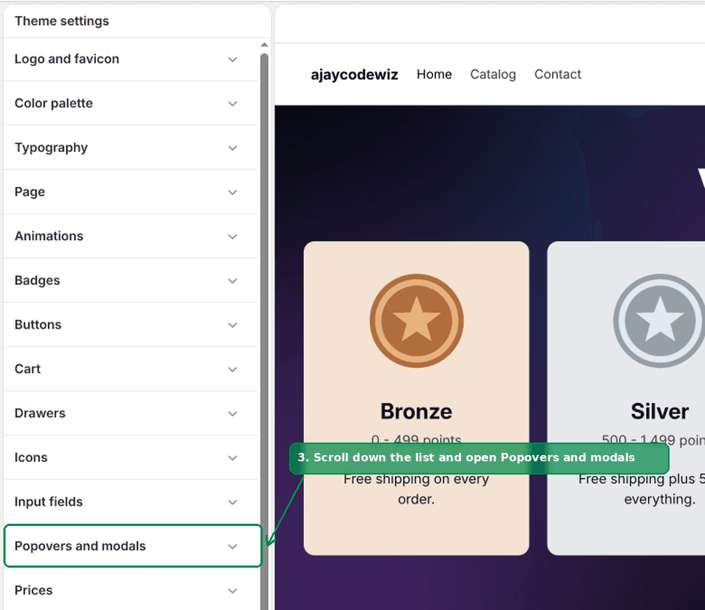 Popovers and modals in the theme settings list