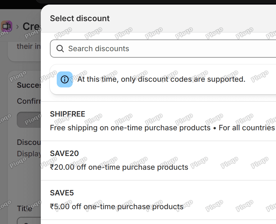 The Select discount dialog listing existing discount codes, with a notice that only discount codes are supported