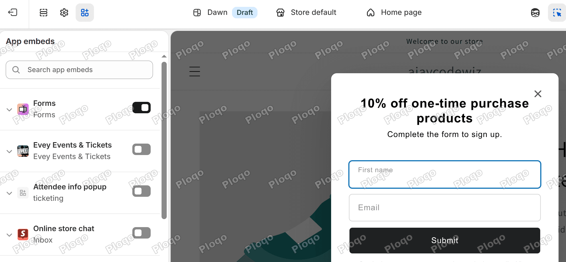 The theme editor App embeds panel with the Forms toggle on and the popup rendering live in the preview