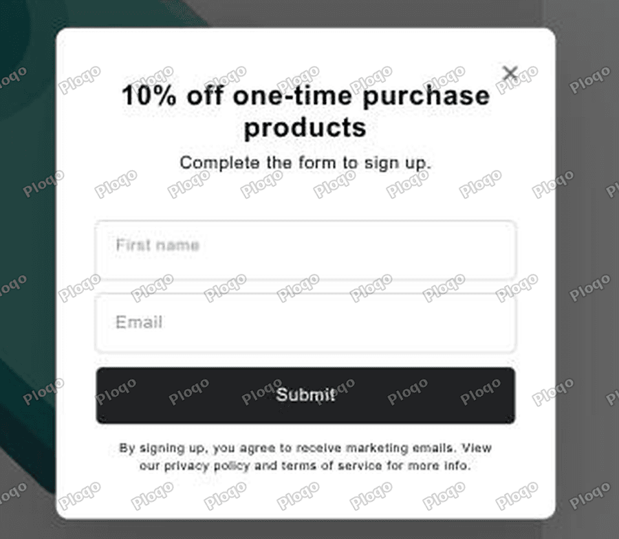 The storefront home page with the discount popup over it, headed 10 percent off one-time purchase products, with First name and Email fields and a Submit button