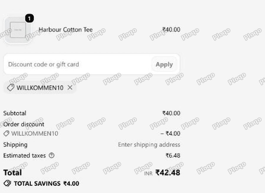 Checkout with the code applied, showing a 4.00 order discount and a total of 42.48