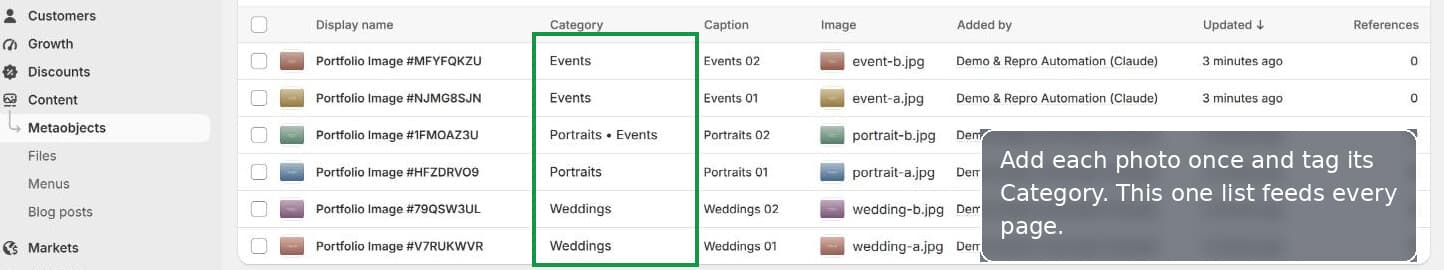 Add each photo as an entry and tag its Category, so one list feeds every page