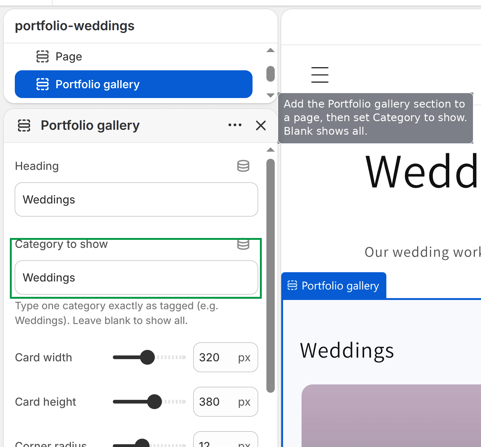 In the theme editor, add the Portfolio gallery section and set Category to show