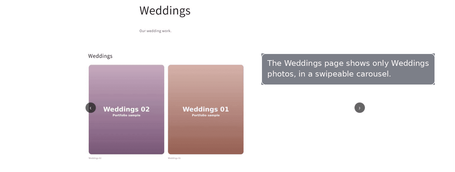 The Weddings page shows only Weddings photos, in a carousel