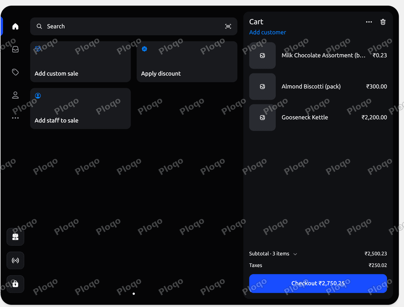 The Shopify POS smart grid editor showing an Apply discount tile next to Add custom sale and Add staff to sale, with a live cart on the right