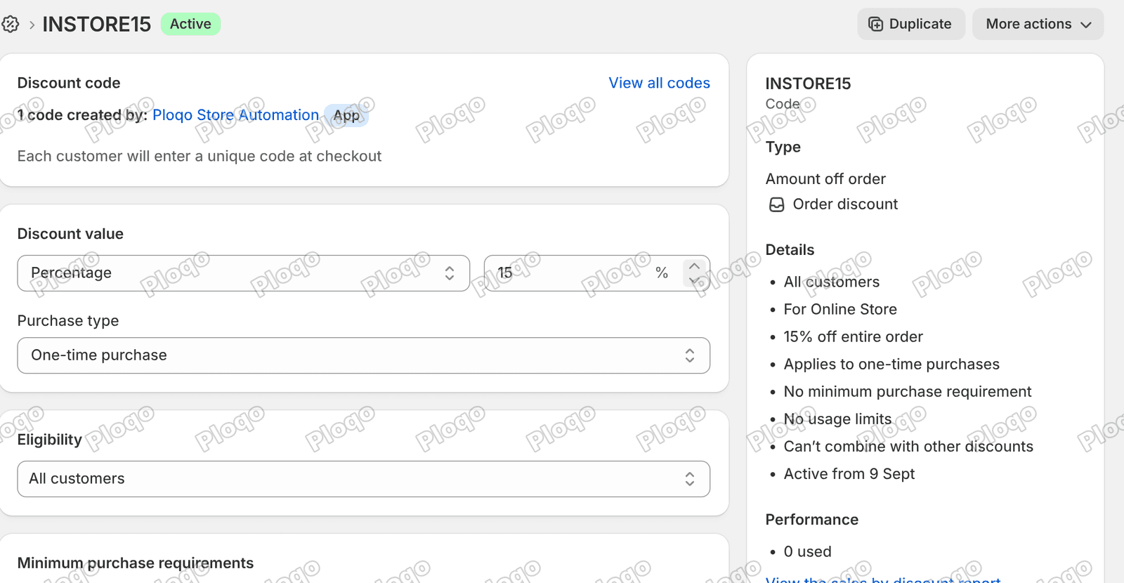 A Shopify discount code page with the Details sidebar reading For Online Store, and no POS control anywhere on the page