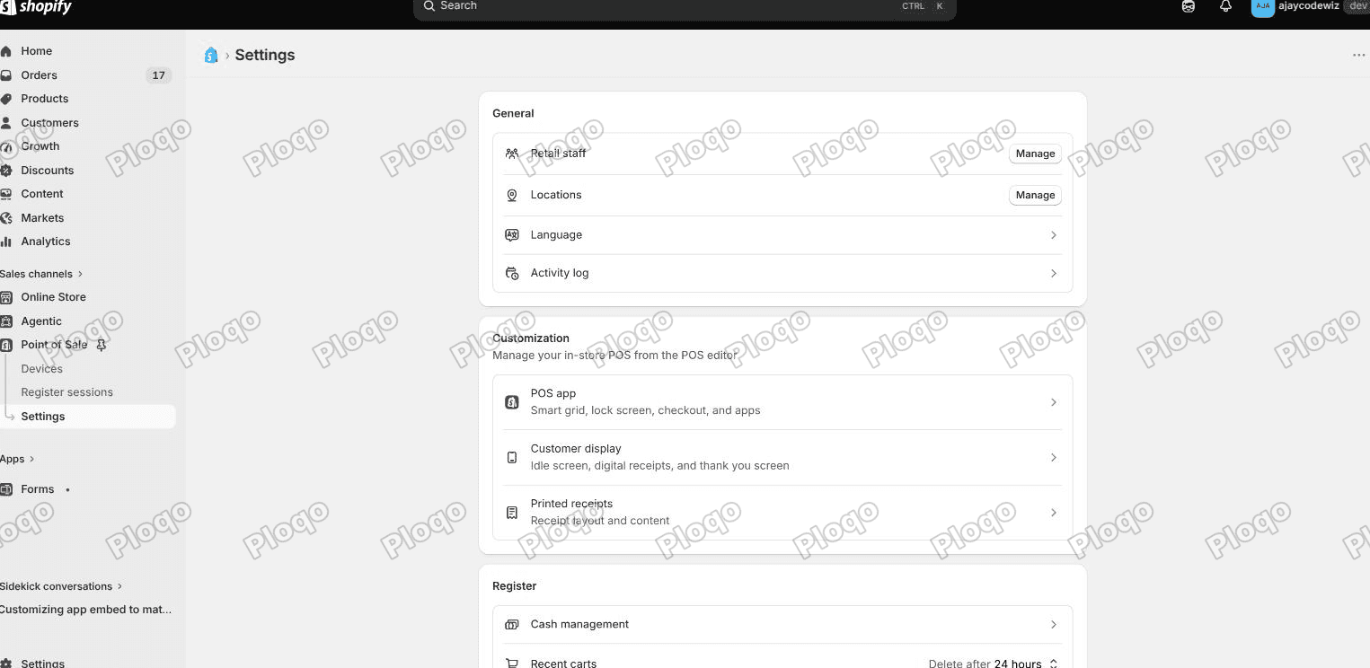Point of Sale settings in the Shopify admin, showing the General, Customization and Register groups, with no discount section anywhere on the page