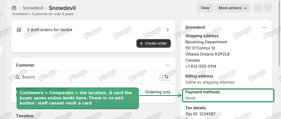 Company location page in the Shopify admin showing the Payment methods section with no add button