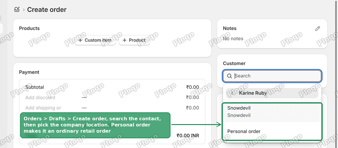 Shopify draft order customer search showing the company location and a Personal order option