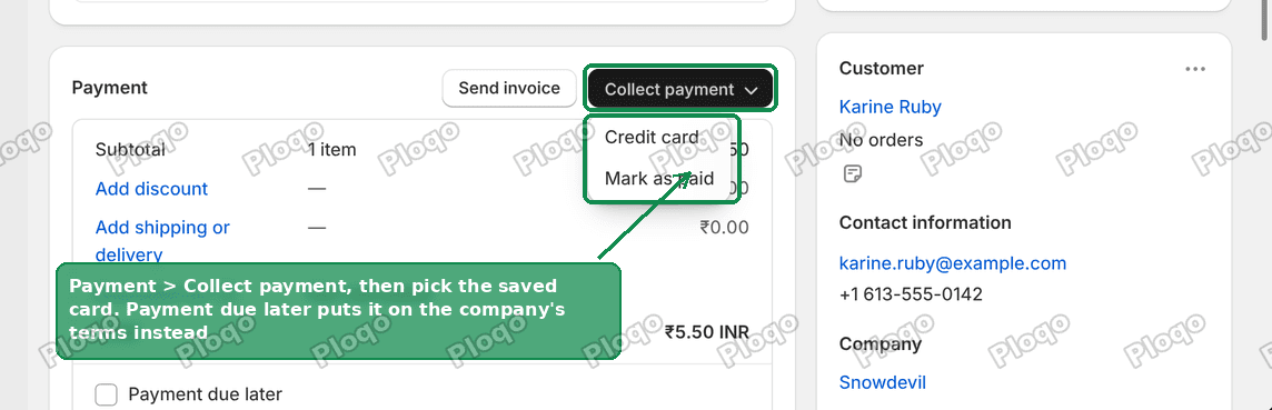 The Payment panel on a Shopify B2B order with the Collect payment menu open