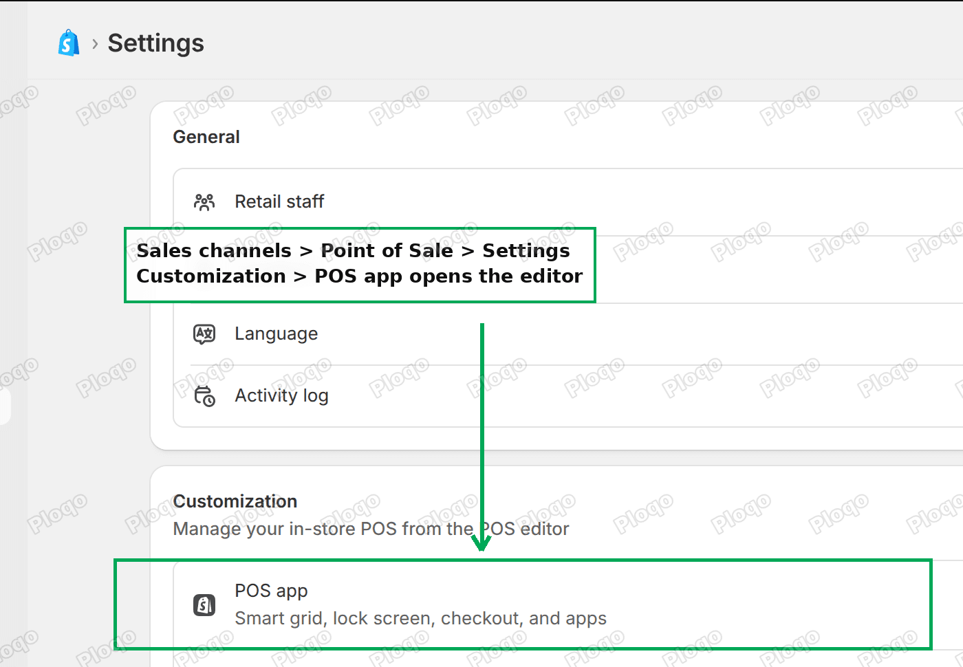 Shopify Point of Sale settings with the Customization card and the POS app row