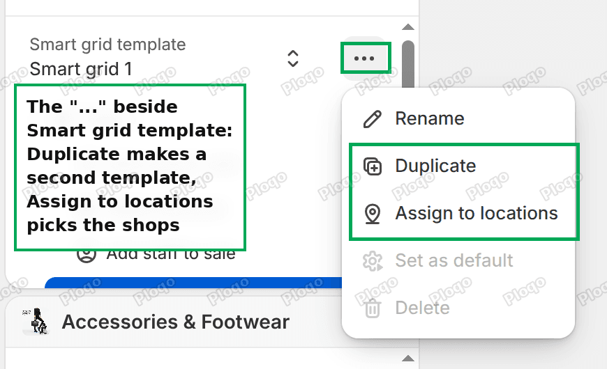 The Shopify POS smart grid template menu with Rename, Duplicate and Assign to locations