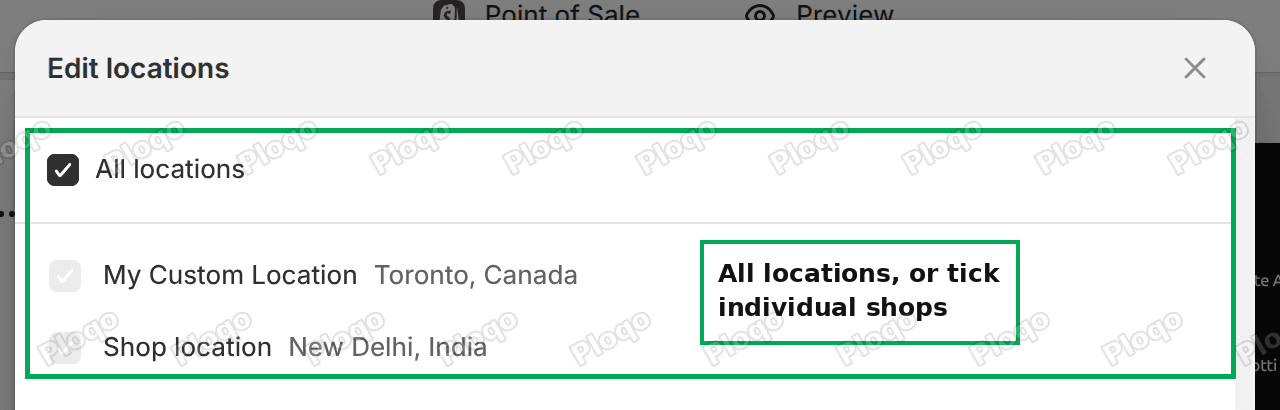 The Edit locations dialog assigning a Shopify POS smart grid template to specific shops