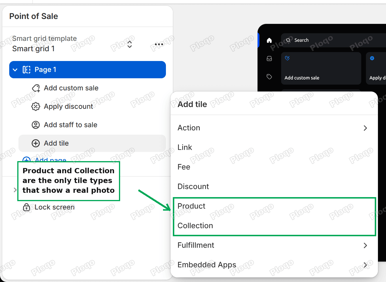 The Add tile menu in the Shopify POS editor listing all eight tile types