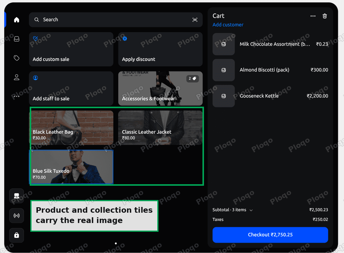 A Shopify POS smart grid page with product and collection tiles showing product photography