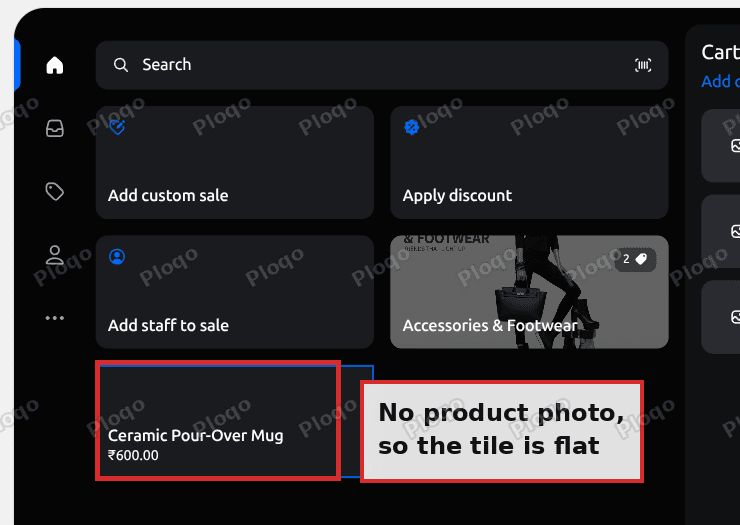 A Shopify POS product tile for a product with no image, showing only the title and price