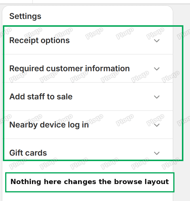 The Settings tab of the Shopify POS editor, with no option for browse layout