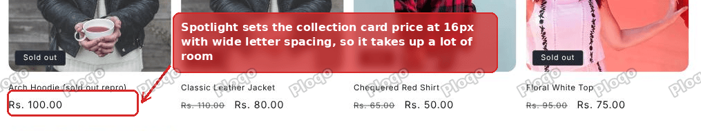 A Shopify collection page where the price on each product card is set at 16 pixels with wide letter spacing