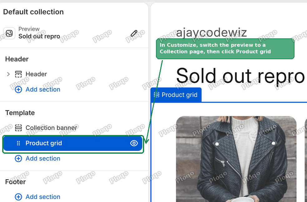 The Shopify theme editor with Product grid selected in the left sidebar