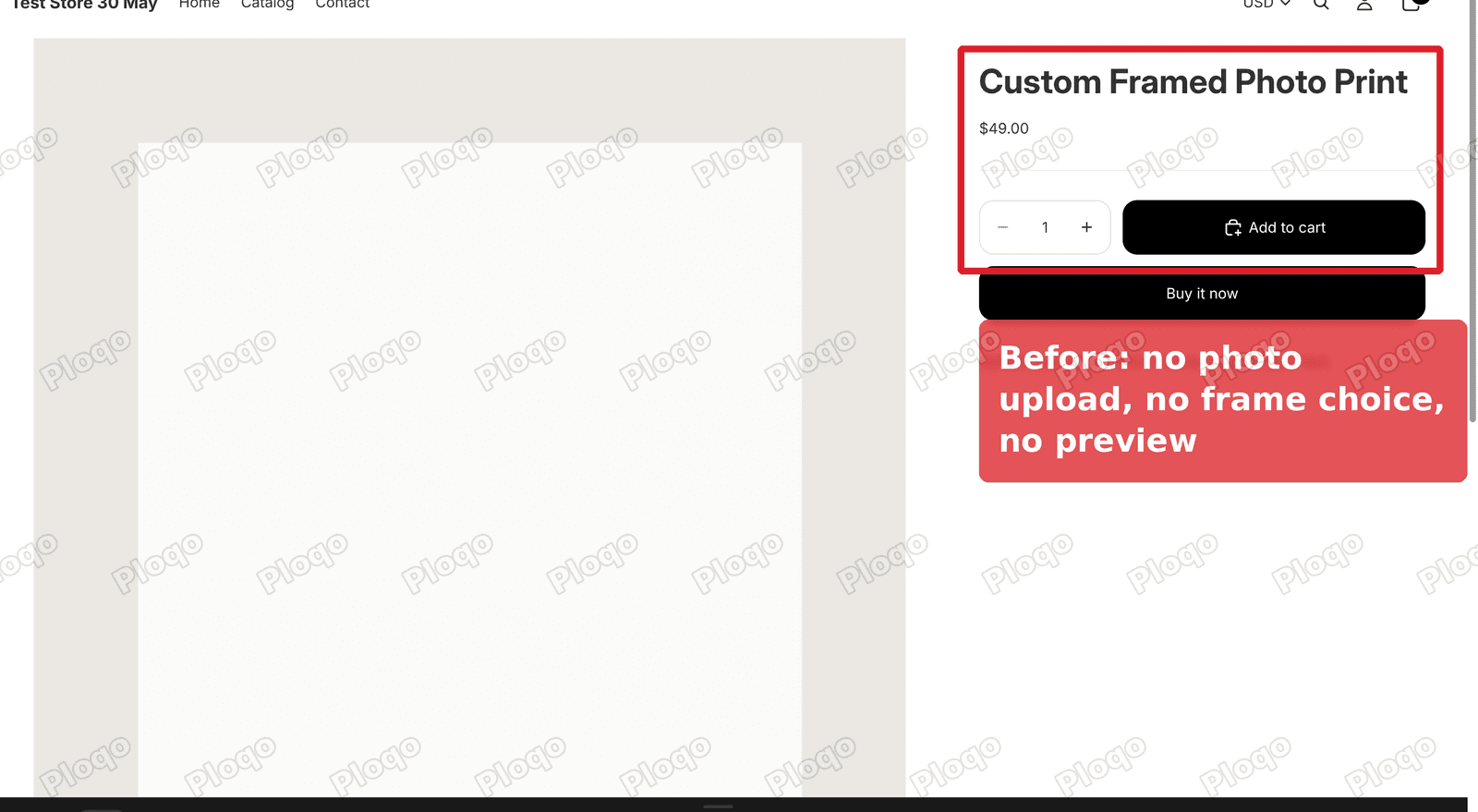 Before: a plain product page with no way to upload a photo or pick a frame