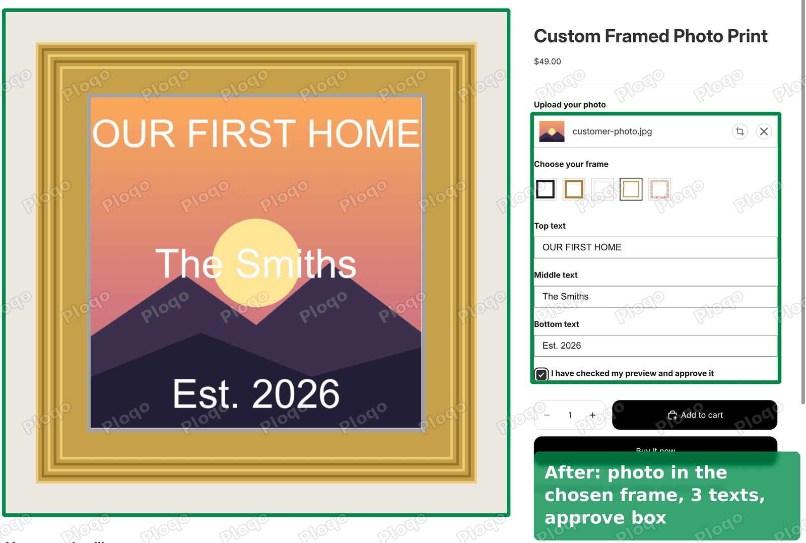 After: the customer's photo in the chosen frame with three lines of text and an approval box