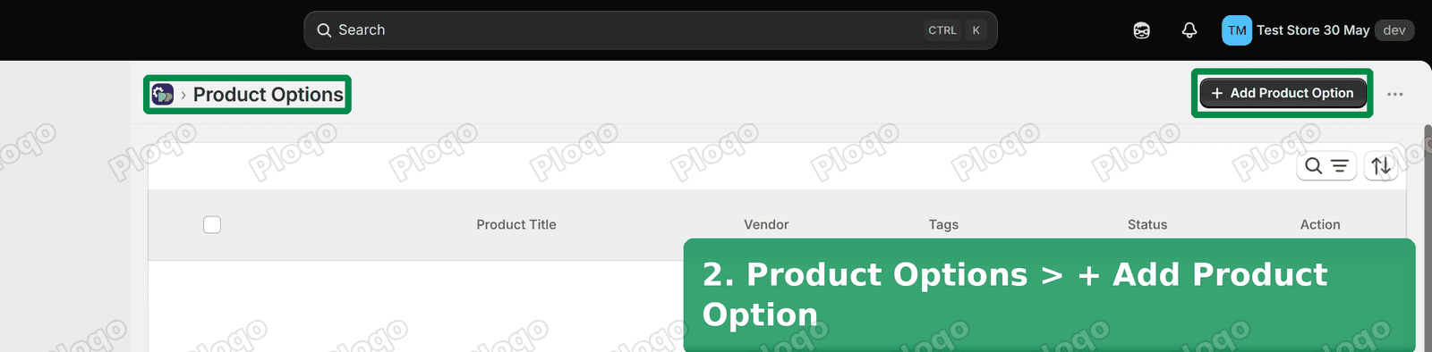 Product Options page with the Add Product Option button