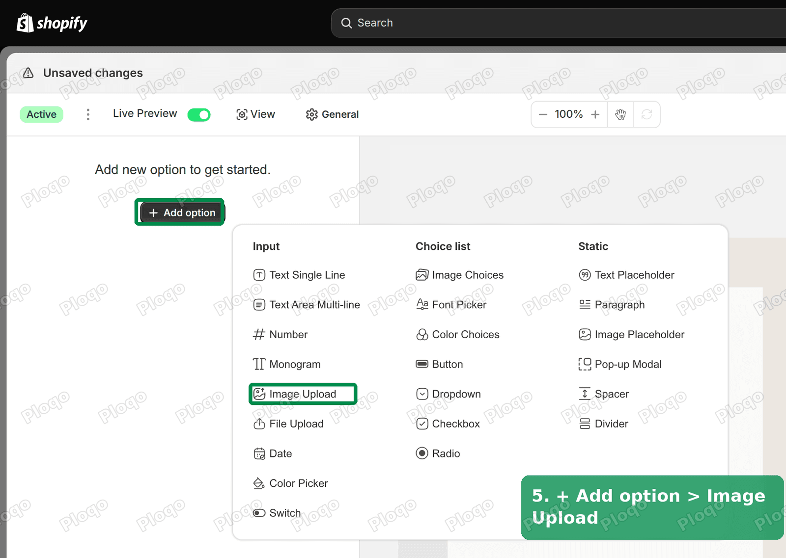 Add option menu with Image Upload highlighted