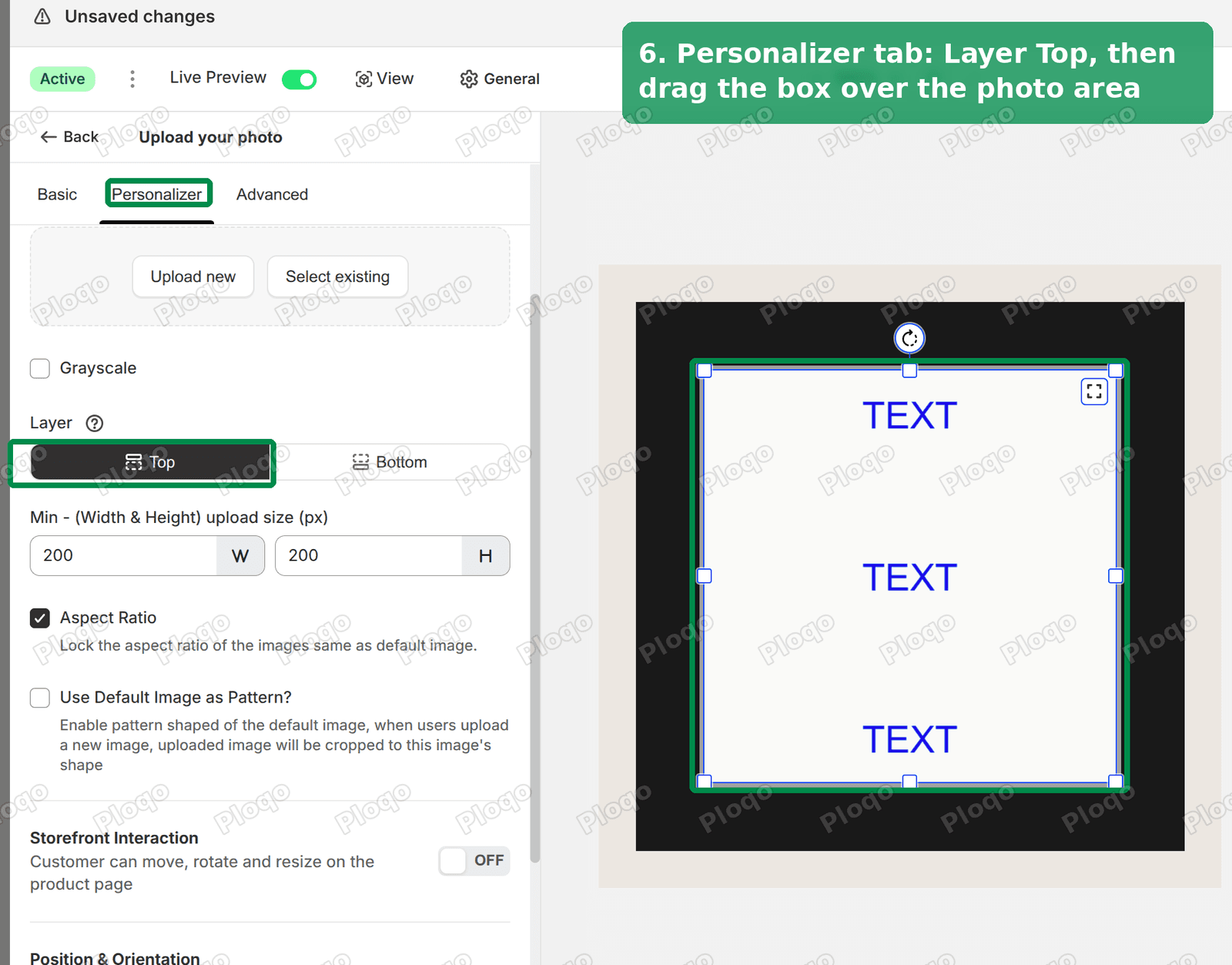 Image Upload settings with Layer set to Top