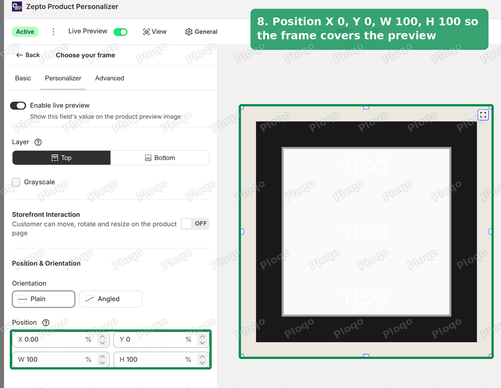 Frame position set to cover the whole preview