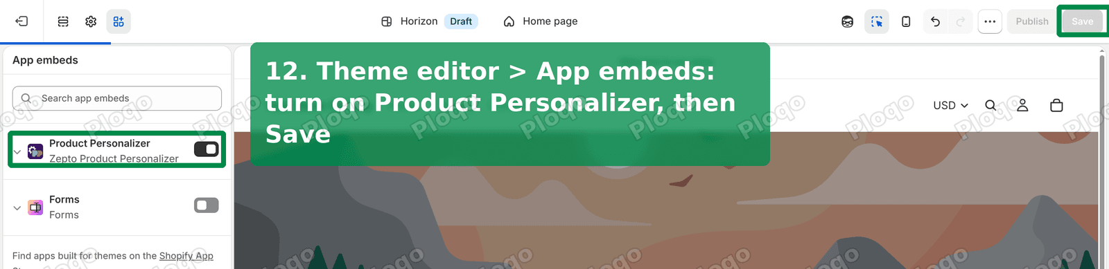 Theme editor App embeds with Product Personalizer turned on