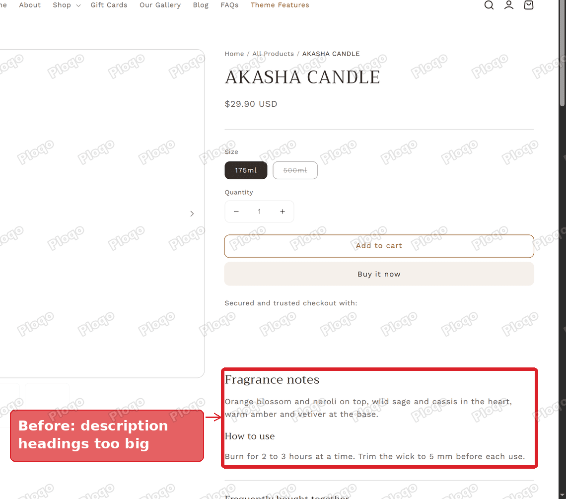 A Radiant product page where the Fragrance notes and How to use headings are large next to the description text
