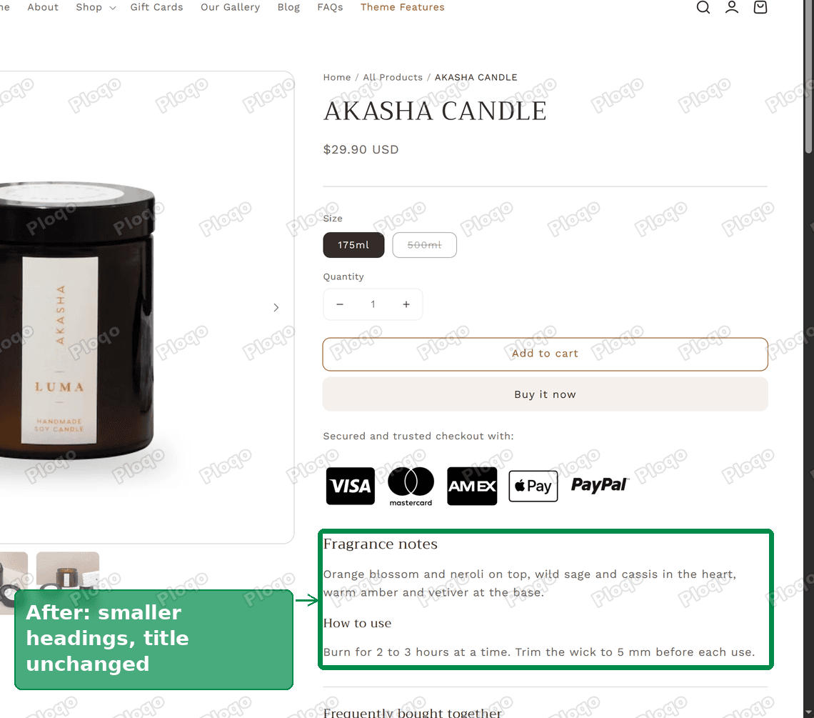 The same product page with smaller description headings and an unchanged product title