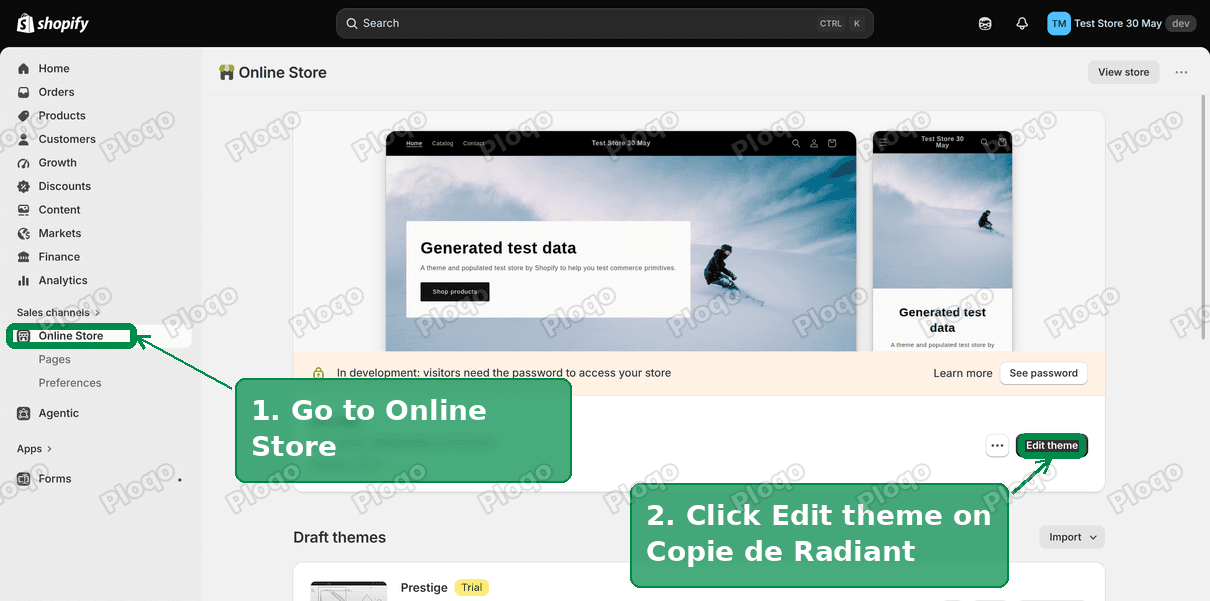 The Shopify Themes page with Online Store and the Edit theme button highlighted