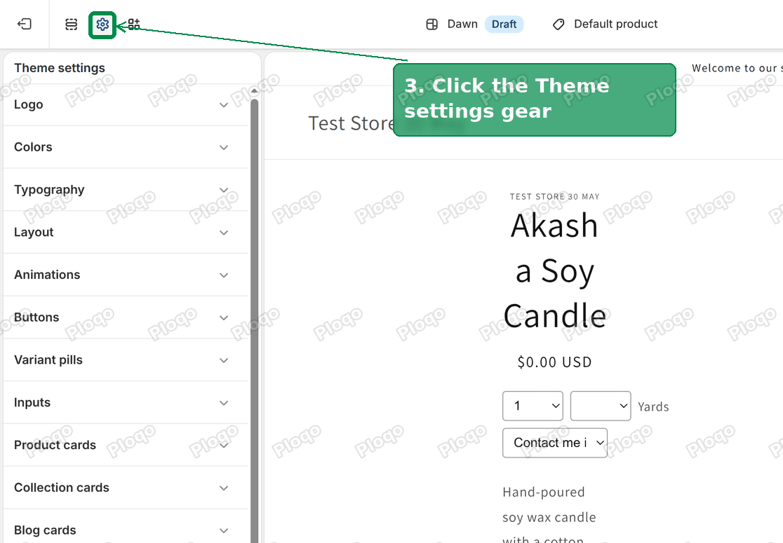 The theme editor with the Theme settings gear highlighted