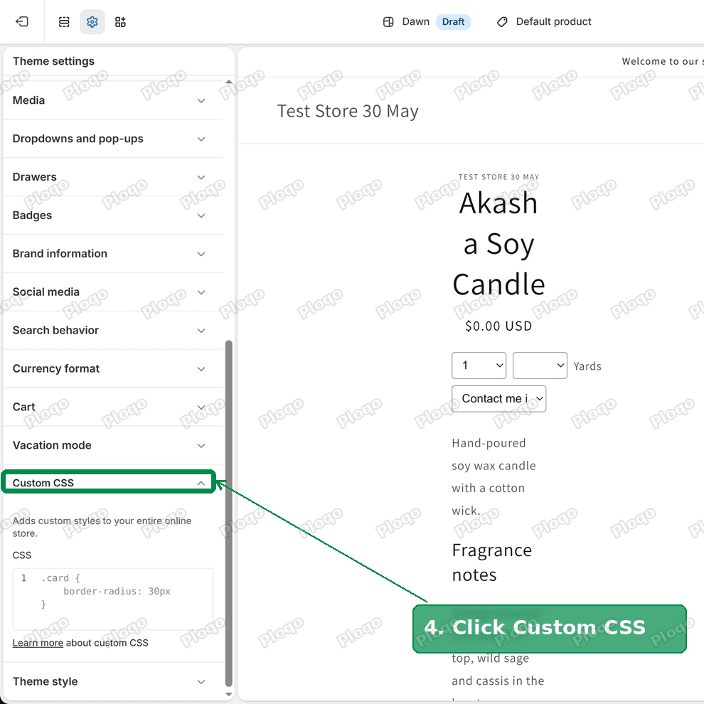Theme settings with the Custom CSS row highlighted