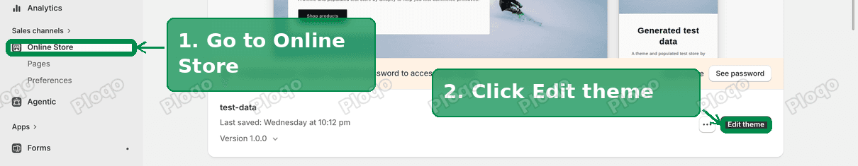 Shopify admin Online Store page with the Edit theme button highlighted