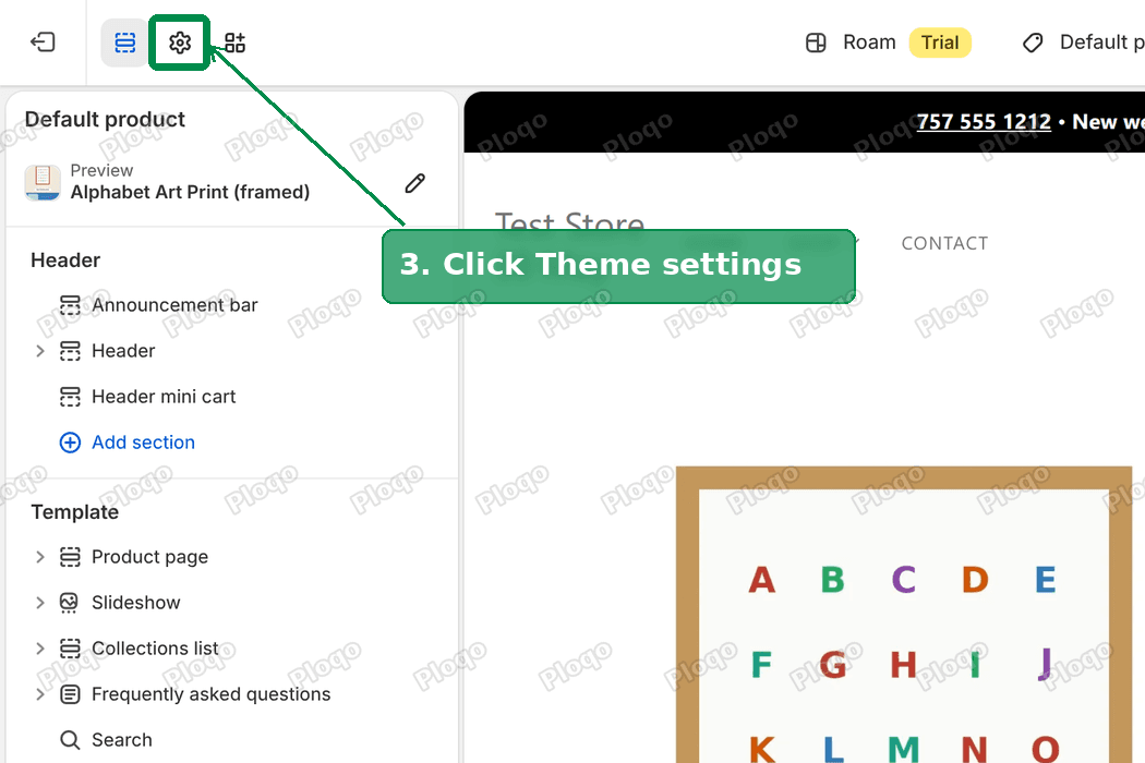 Roam theme editor with the Theme settings gear icon highlighted