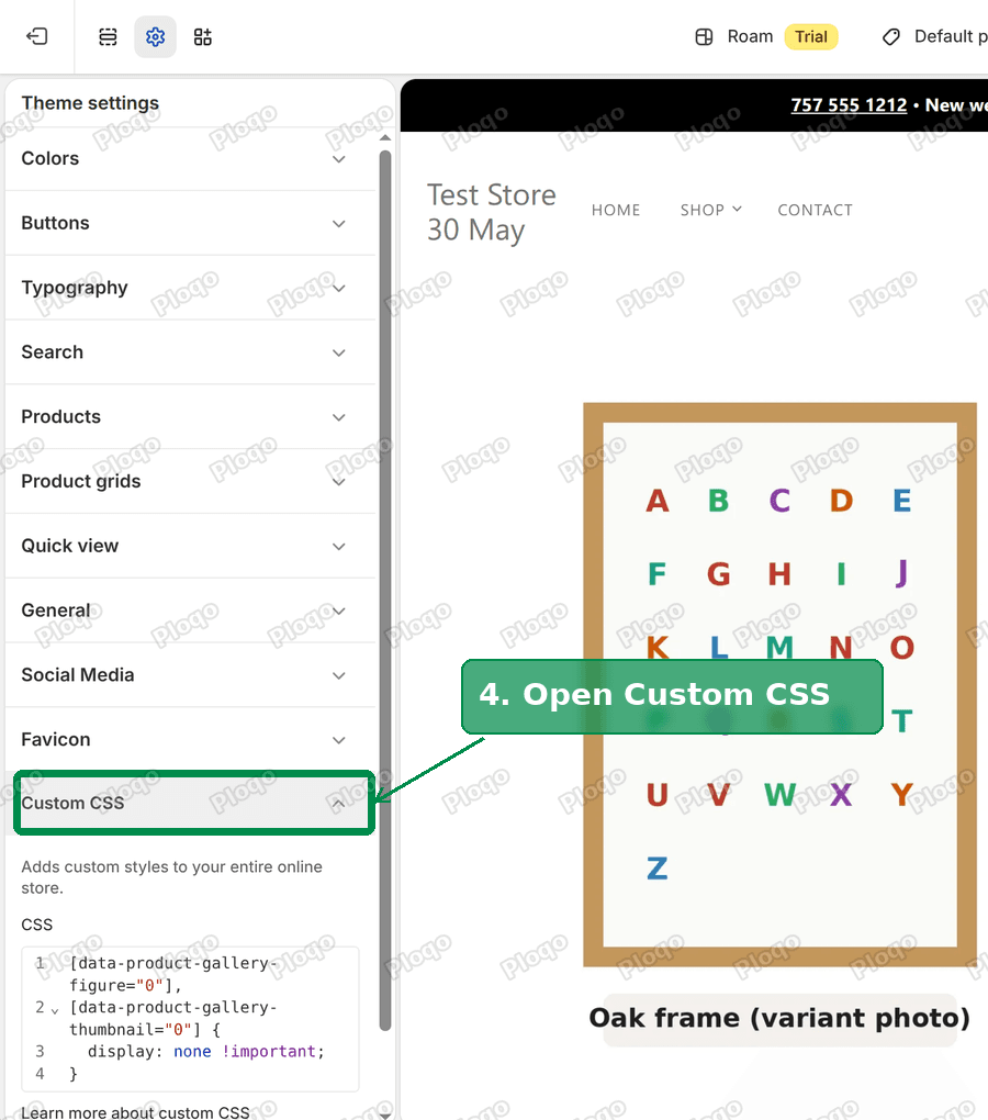 Roam Theme settings list with Custom CSS highlighted