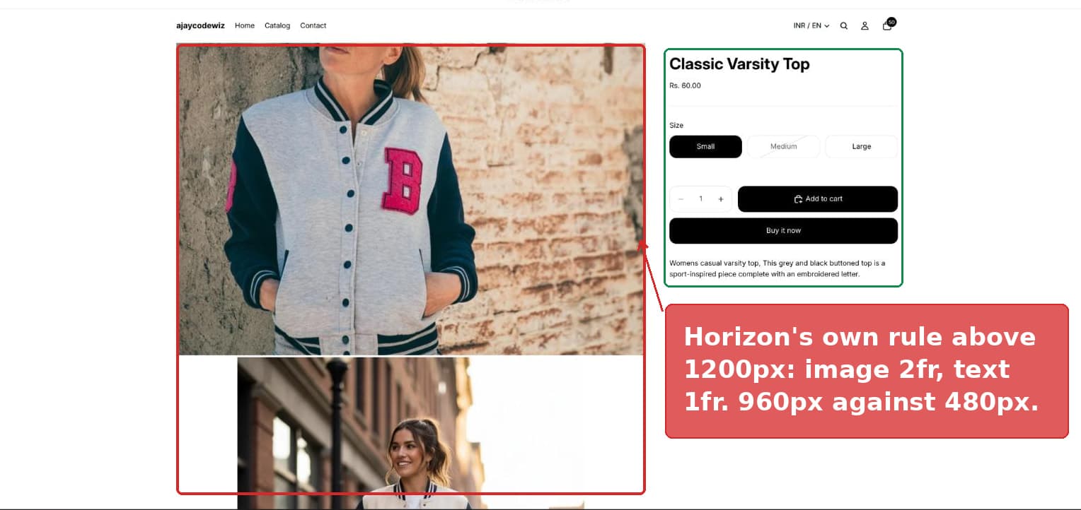 Horizon product page with the image column twice the width of the text column