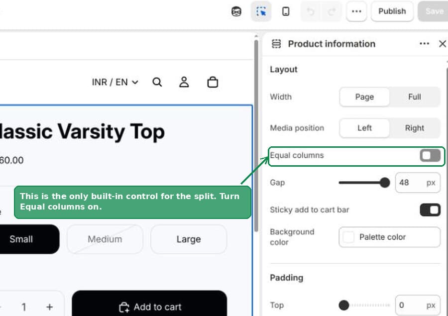 The Equal columns toggle in Horizon's Product information settings