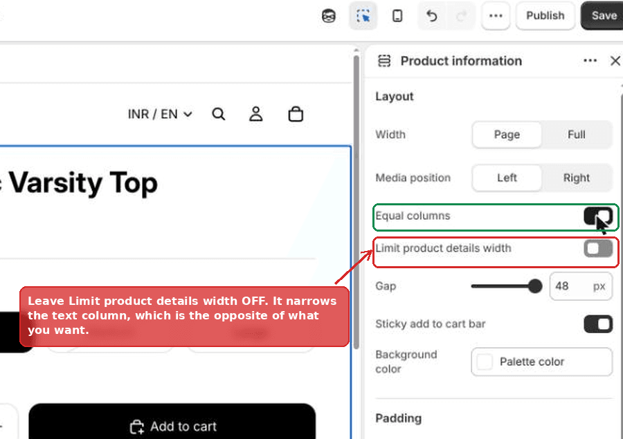 Limit product details width left switched off