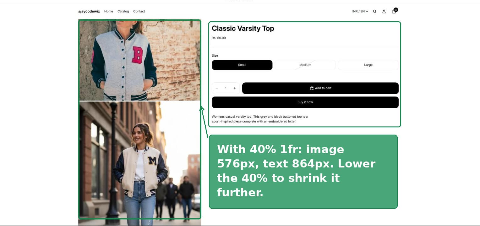Product page after the custom CSS, with a much smaller image